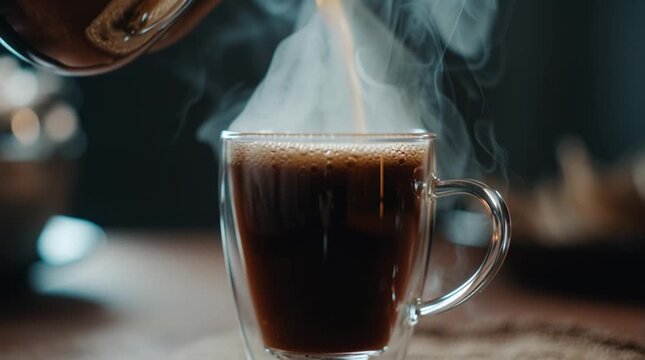 Steaming Coffee Poured into Glass Cup.