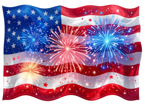  Patriotic Holiday Fireworks with Flag Banner and Stars, Festive Celebration Icon, isolated on transparent background PNG