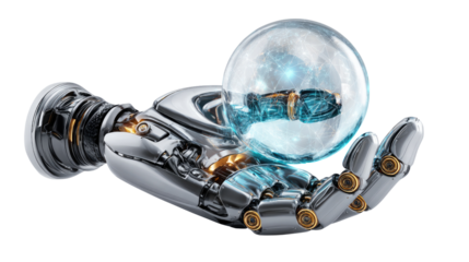 Robotic Arm and Futuristic Sphere: A chrome robotic arm delicately cradles a glowing, transparent sphere, an emblematic fusion of technology and energy