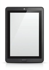 Black tablet with a blank white screen, centrally positioned with a subtle reflection against a white backdrop