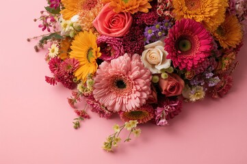 Arrangement of various blossoms against a pink backdrop