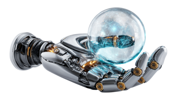 Robotic Arm and Futuristic Sphere: A chrome robotic arm delicately cradles a glowing, transparent sphere, an emblematic fusion of technology and energy