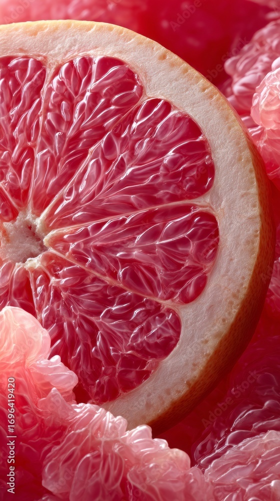 Poster close-up view of vibrant grapefruit slices showcasing intricate textures and colors in a refreshing 