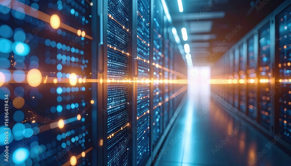 Poster a futuristic data center corridor illuminated by glowing lights, showcasing rows of servers and a br