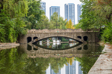 The Swan Lake Stone Bridge landscape in Century City, Chengdu, Sichuan Province