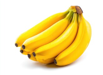 Bunch of ripe, yellow bananas with a few water droplets on a white surface, angled slightly