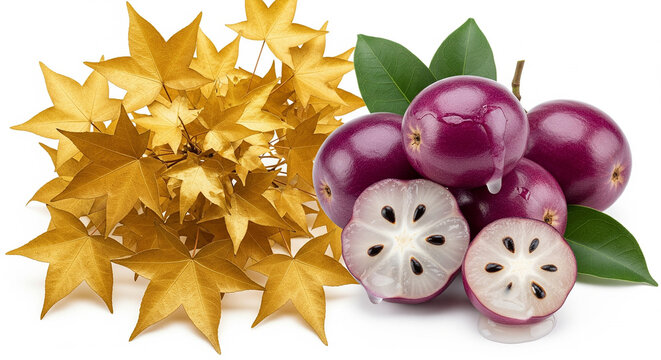 Fresh purple Star Apple (Caimito) fruits, some sliced, displayed with decorative golden leaves on an isolated transparent background.