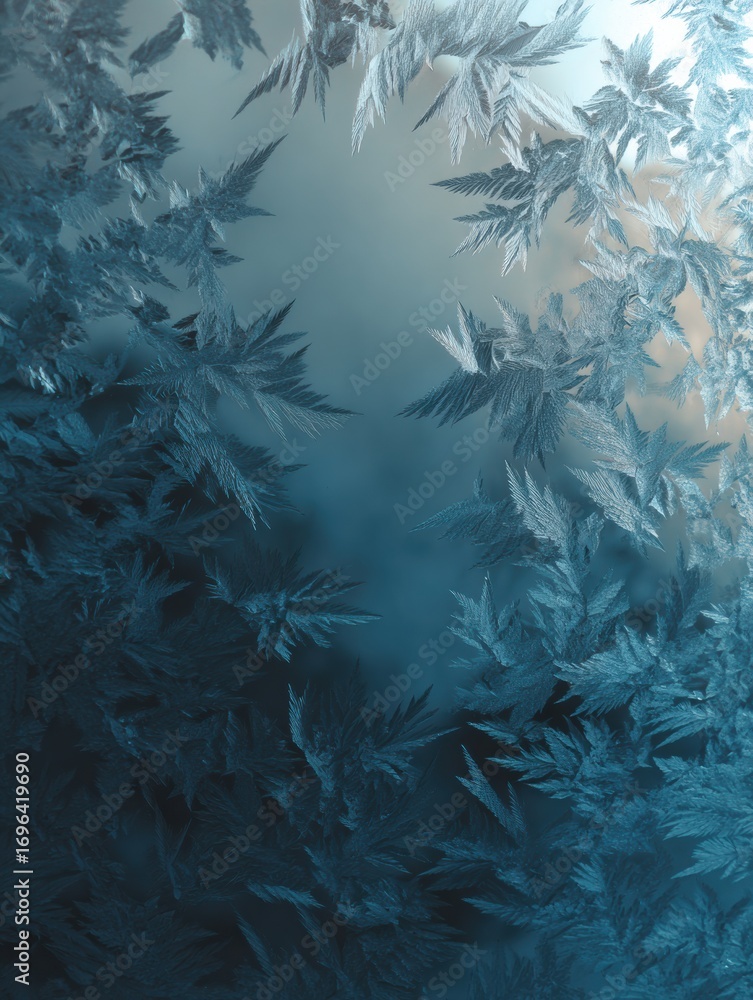 Poster frosty patterns on glass create an artistic display in a winter setting during early morning hours