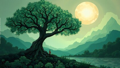 digital illustration of beautiful landscape with large tree in center