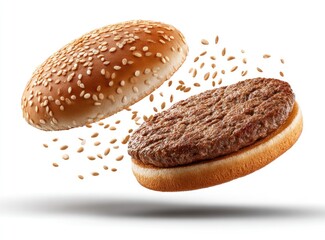 A deconstructed hamburger floats sesame bun top, beef patty, and bottom bun all suspended against a clean white backdrop