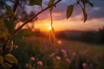 Comet wild seed dangling from a branch during the summer months with golden sunlight illuminating it against a sunset backdrop.