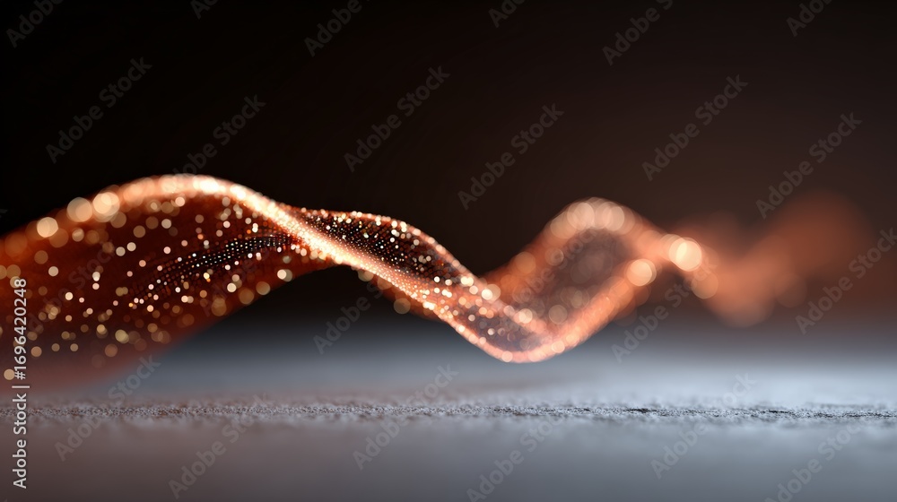 Poster golden particles are flowing and creating an abstract wave on a dark background, representing concep