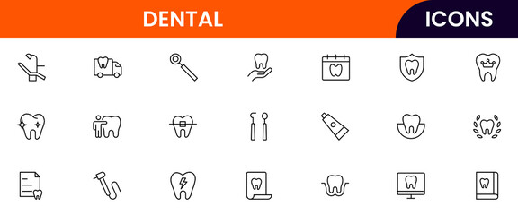 Dental vector web line icon collection, sleek illustrations of teeth, tools, and oral care for professional dental and health designs.