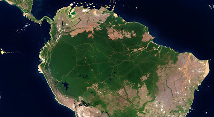 Aerial View of the Amazon Rainforest in South America, Highlighting Deforestation and Human Activity
