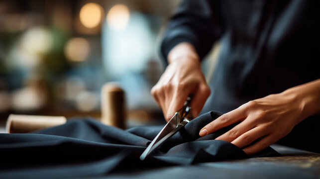 Close up of hand of unrecognizable young female tailor carefully cutting black fabric with sharp scissors with smooth precise movements while working in couture fashion atelier