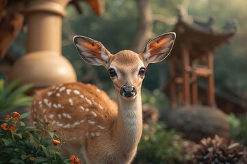 Adorable spotted deer in a magical forest