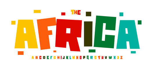 Funky afro tribal alphabet, bold squared childish letters, colorful kids font for party logo, safari game headline, playful typographic design, modern African inspired typography. Vector typeset.