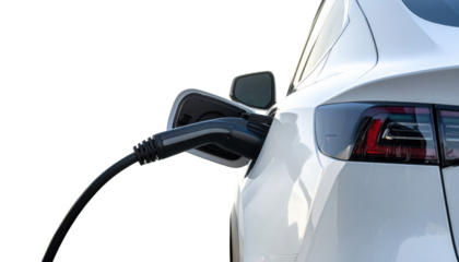 A sleek electric vehicle is being charged, showcasing a modern design with a focus on sustainability and technology.