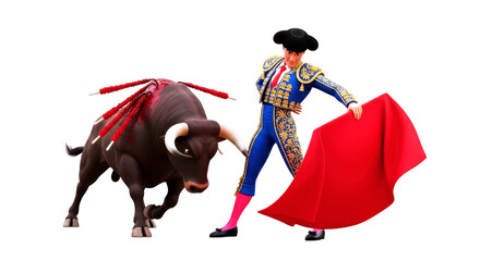 3d cartoon matador and bull a dramatic encounter of skill and courage in the spanish arena, isolated on transparent background