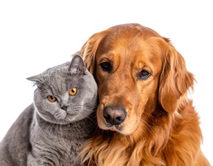 A golden retriever and a gray cat cuddle together, showcasing a heartwarming bond between these two beloved pets against a black background.
