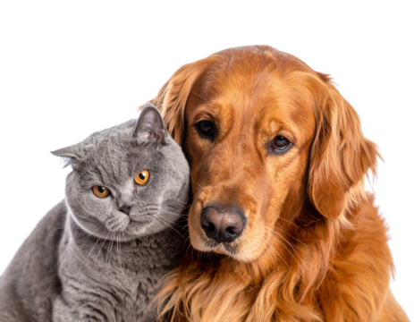A golden retriever and a gray cat cuddle together, showcasing a heartwarming bond between these two beloved pets against a black background.