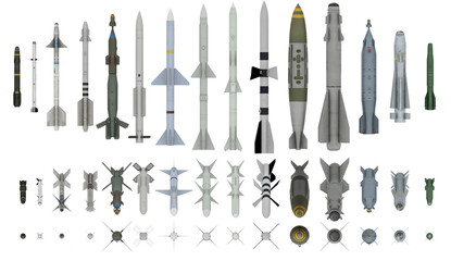 isolated Military Missiles and Bombs – Set of Aerial Weapons, Front and Top View