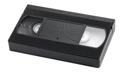 A black VHS tape with a textured surface and visible reels inside, representing vintage media storage and playback technology.