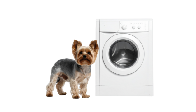 A small dog stands next to a front-loading washing machine, showcasing a playful contrast between pet and appliance.