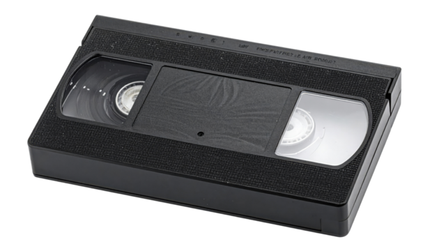 A black VHS tape with a textured surface and visible reels inside, representing vintage media storage and playback technology.