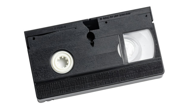 A classic VHS tape, featuring a black casing and clear reel window, representing vintage video technology.