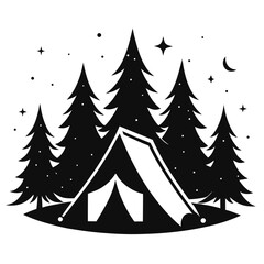 Tent under Stars Silhouette Vector
