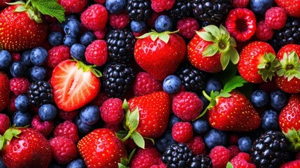 Fototapeta premium Mixed berry background texture overhead view