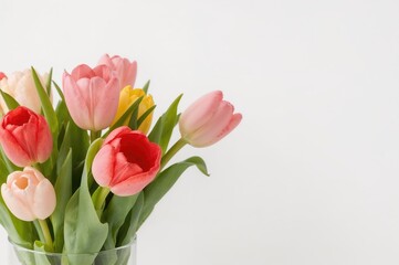 Detailed view of vibrant tulip blooms arranged in a vase against a white backdrop