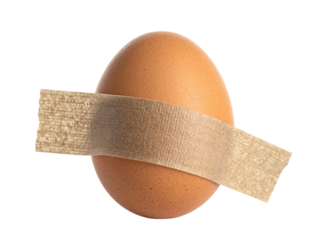 A brown egg with a beige adhesive bandage wrapped around its center.