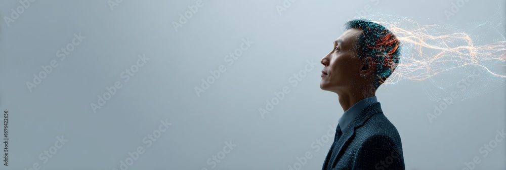 Poster asian businessman in profile, surrounded by glowing lines radiating from his head, symbolizing the c