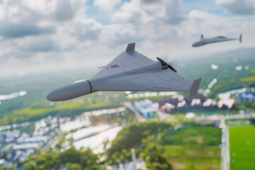 Military drone in flight over landscape, showcasing modern unmanned aerial vehicle technology used...