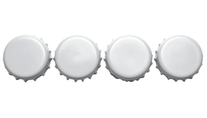 Four white bottle caps arranged in a line, showcasing a simple yet distinctive design with serrated edges.