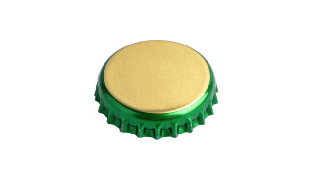 A shiny green bottle cap with a golden top, showcasing its ridged edges and smooth surface.