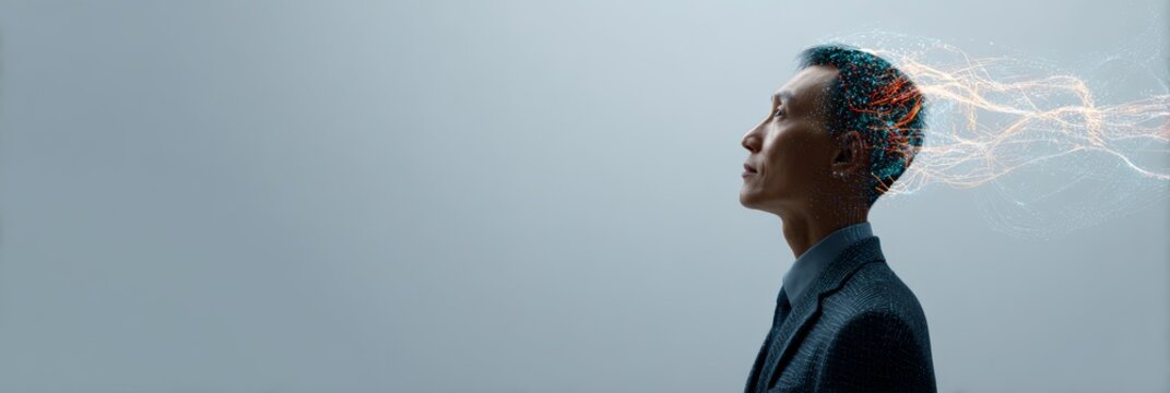 Asian businessman in profile, surrounded by glowing lines radiating from his head, symbolizing the concepts of artificial intelligence and deep learning in a futuristic context
