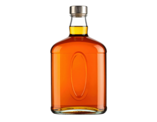 A glass bottle filled with amber liquid, showcasing a smooth design and a metallic cap.