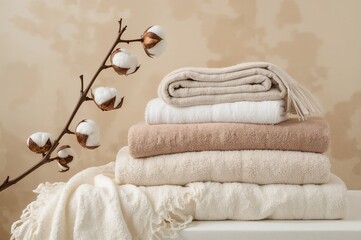 Cotton sprig alongside a stack of carefully arranged linens, throws, and towels. Creation of natural fiber textiles. Fabrication. Eco-friendly item.