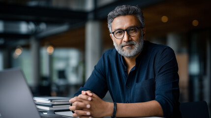 Fototapeta premium Portrait of middle aged Indian man with gray beard and glasses sitting at desk in modern office clasping hands and looking directly at camera laptop and books visible profession