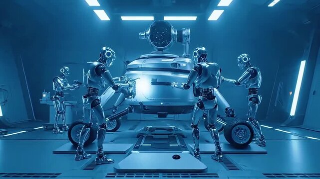 Advanced Humanoid Robots Working on an Automobile Assembly Line.