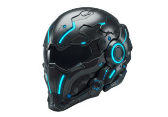 Futuristic Black Helmet with Blue Lights SciFi Gear isolated on transparent background