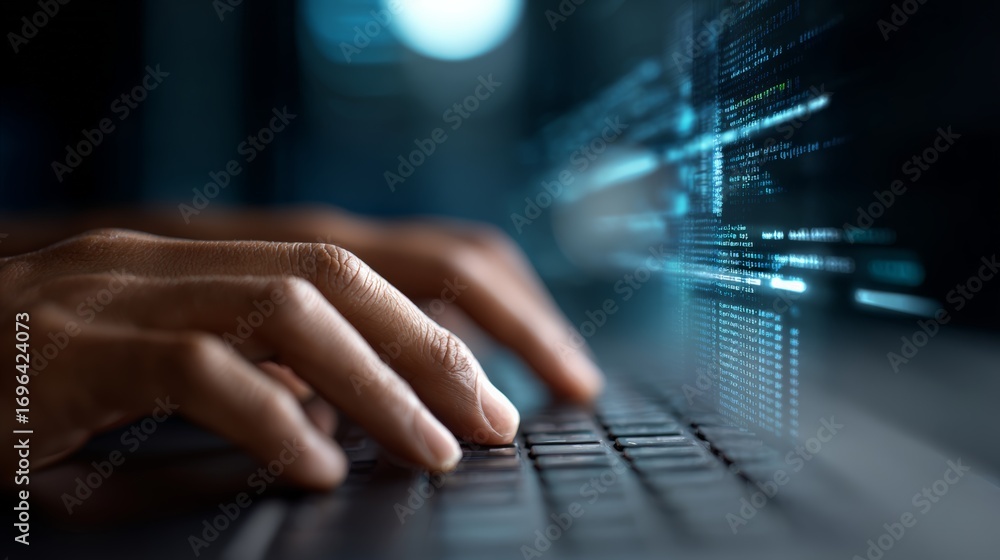 Poster close up of hands typing source code on laptop keyboard, developing software applications or engagin