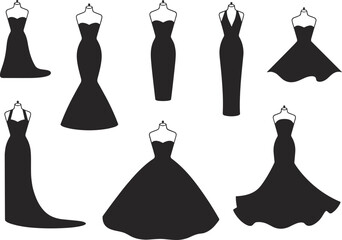 Elegant black dress silhouette icon set featuring diverse formal styles including ball gown, mermaid, sheath, and A-line designs