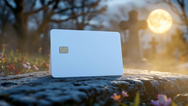 Dead Debt: A stark symbolic image shows a credit card resting on a tombstone, with a cemetery under a full moon, suggesting the concept of financial oblivion and the weight of debt.