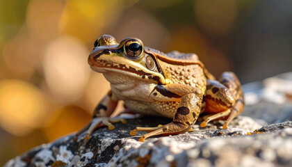 Obraz premium Closeup macro shot of a frog sitting on a rock, sharp focus on skin texture , Generative AI