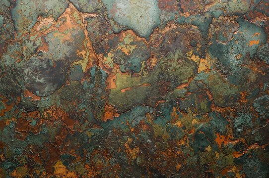 Detailed view of aged copper sheet displaying vivid and complex patina patterns