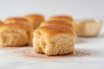 Naklejka premium Close-up shot of homemade rolls with a soft, blurred backdrop emphasizing their tasty, sticky surface.